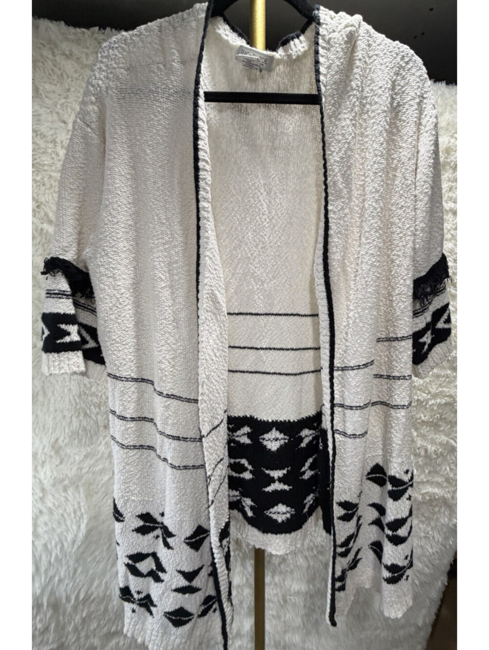 Rachel Zoe 2X Plus White Black Aztec Tribal Open Front Fringe Cardigan Sweater